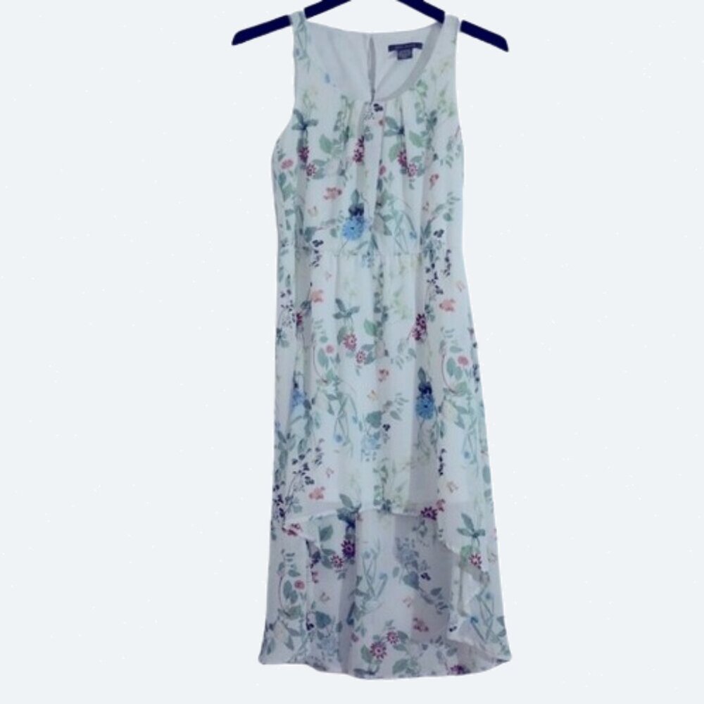 Suzy Shier white floral botanic print sleeveless chiffon dress high low size XS